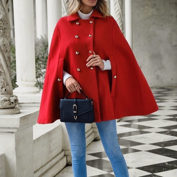 Red Casual Womens Lapel Neck Double Breasted Cape Overcoat - Picture 5 of 6